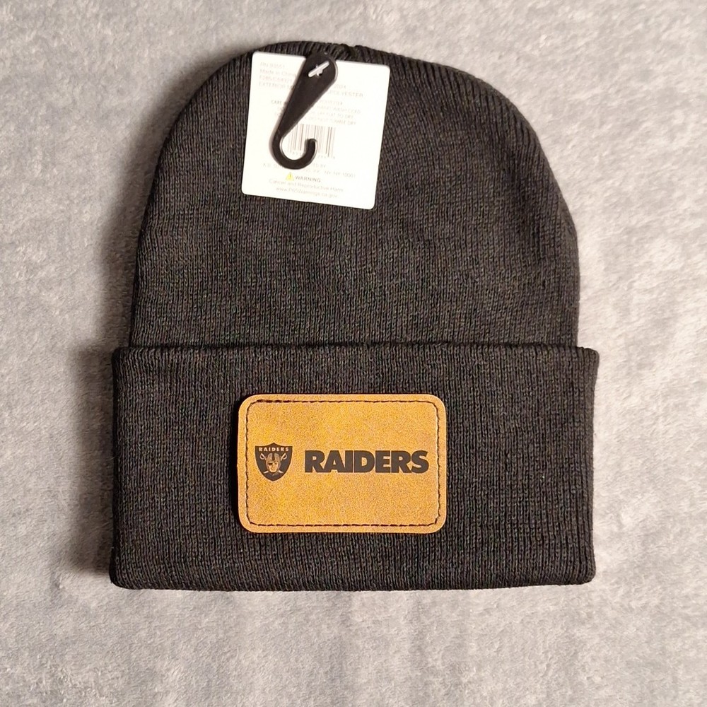 Las Vegas Raiders Leather Rectangle Patch Black Beanie Cap NFL