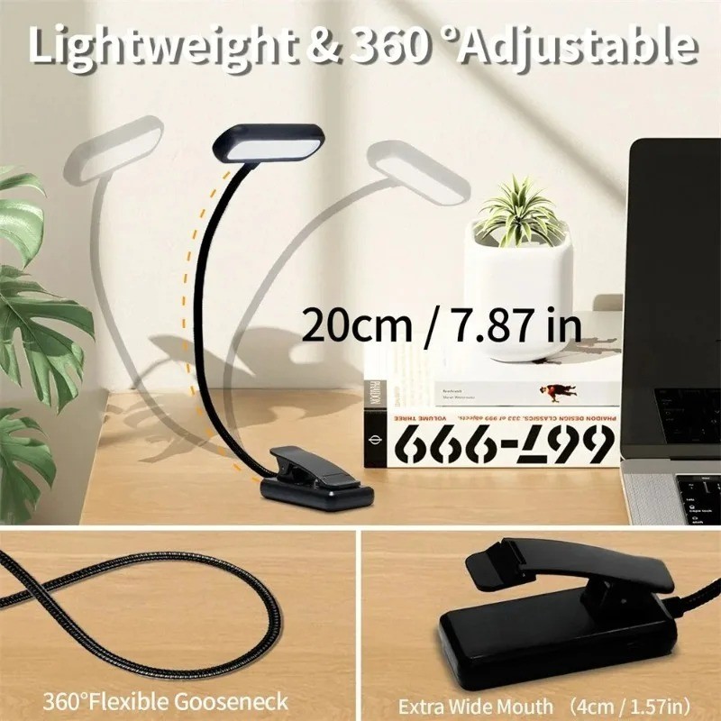 LED Book Light Reading Light Eye Caring Clip-on USB Rechargeable Dimmable Light