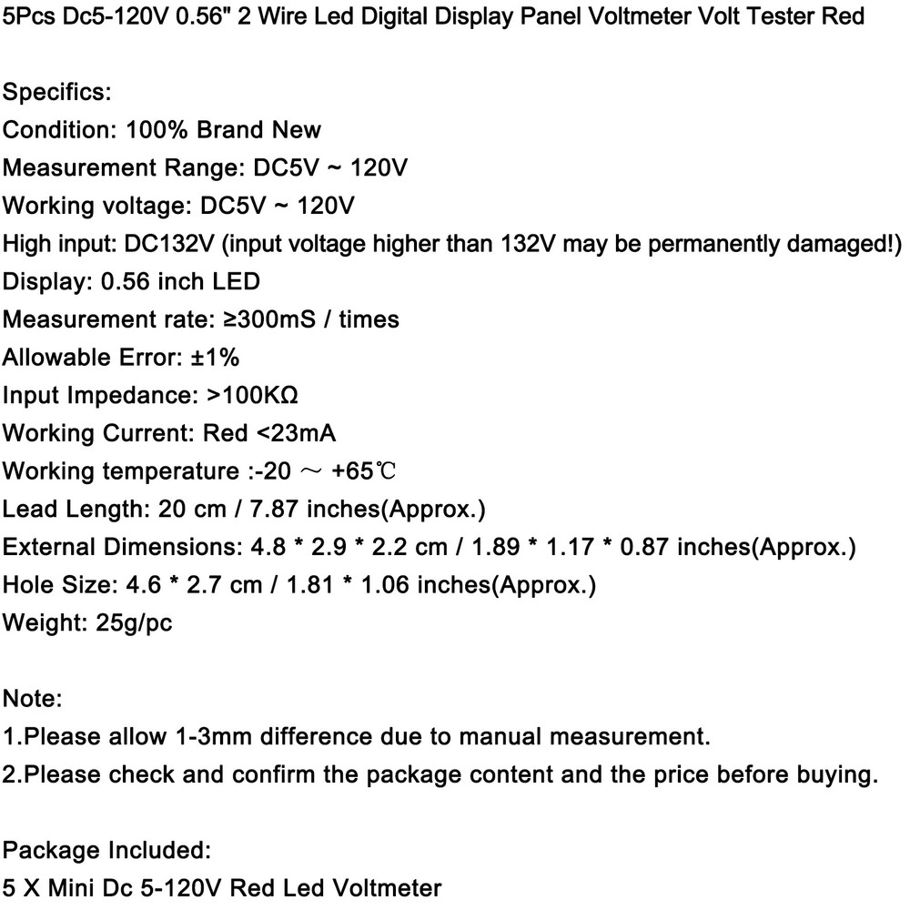 5Pcs Dc 5-120V Voltmeter Red Led Panel 3-Digital Display Volt Meter 2-Wire