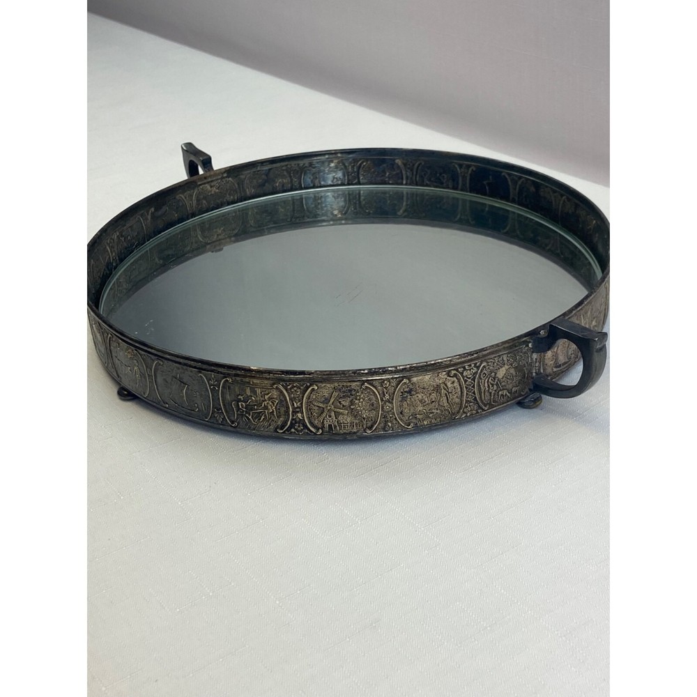 Vintage Webster Co Silverplate Mirrored Vanity Tray Ornate Round Perfume Display