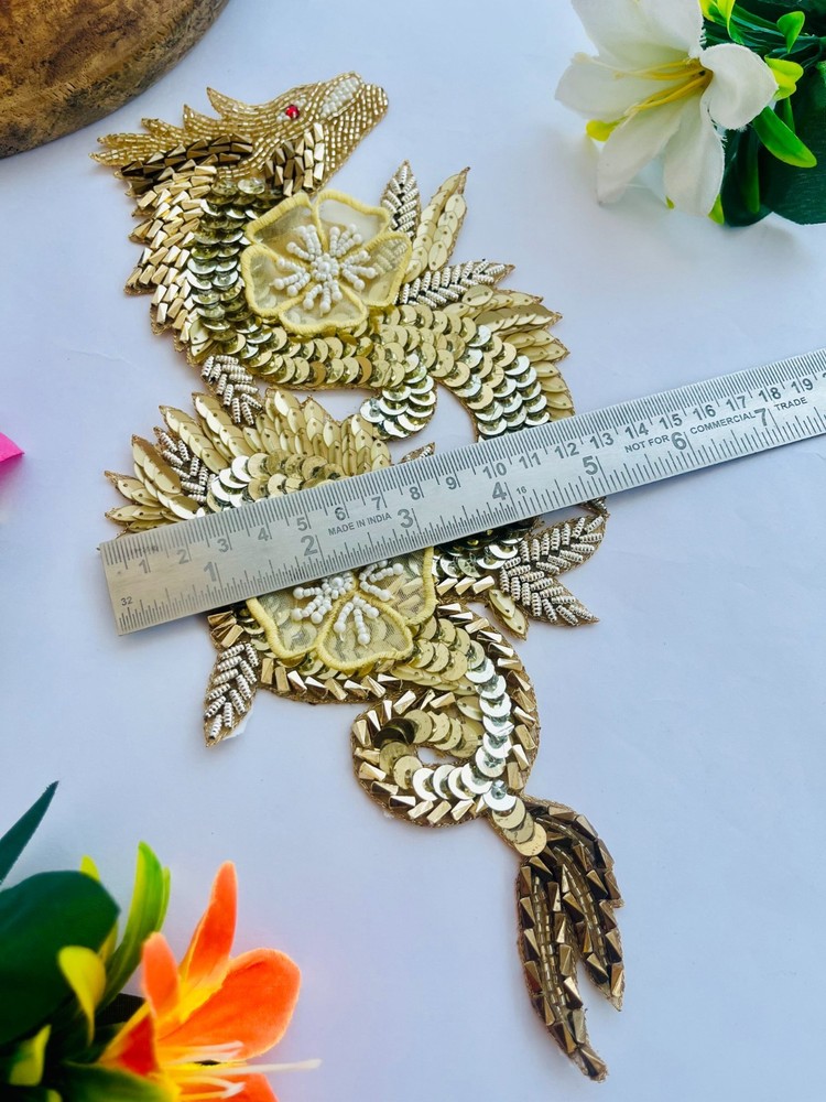 Handmade Zardozi Patch: Soft Gold Dragon Applique