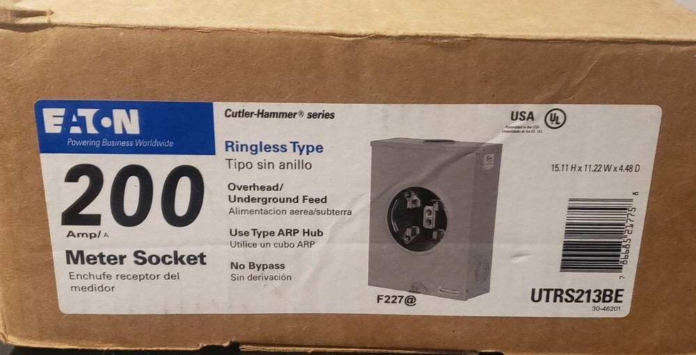 UTRS213BE Eaton 200 Amp Single Phase 4 Jaw Ringless Meter Socket No Bypass