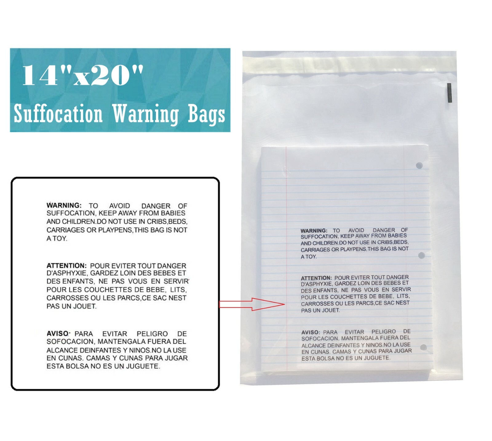 14x20 Clear Suffocation Warning Poly Self Seal Bags -ST ShipMailers