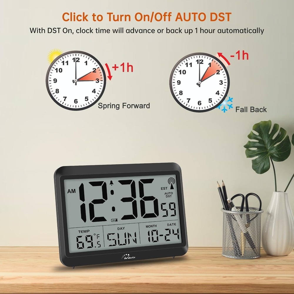 Atomic Digital Wall Clock Battery Operated, Self-Setting, Large Display with Tem