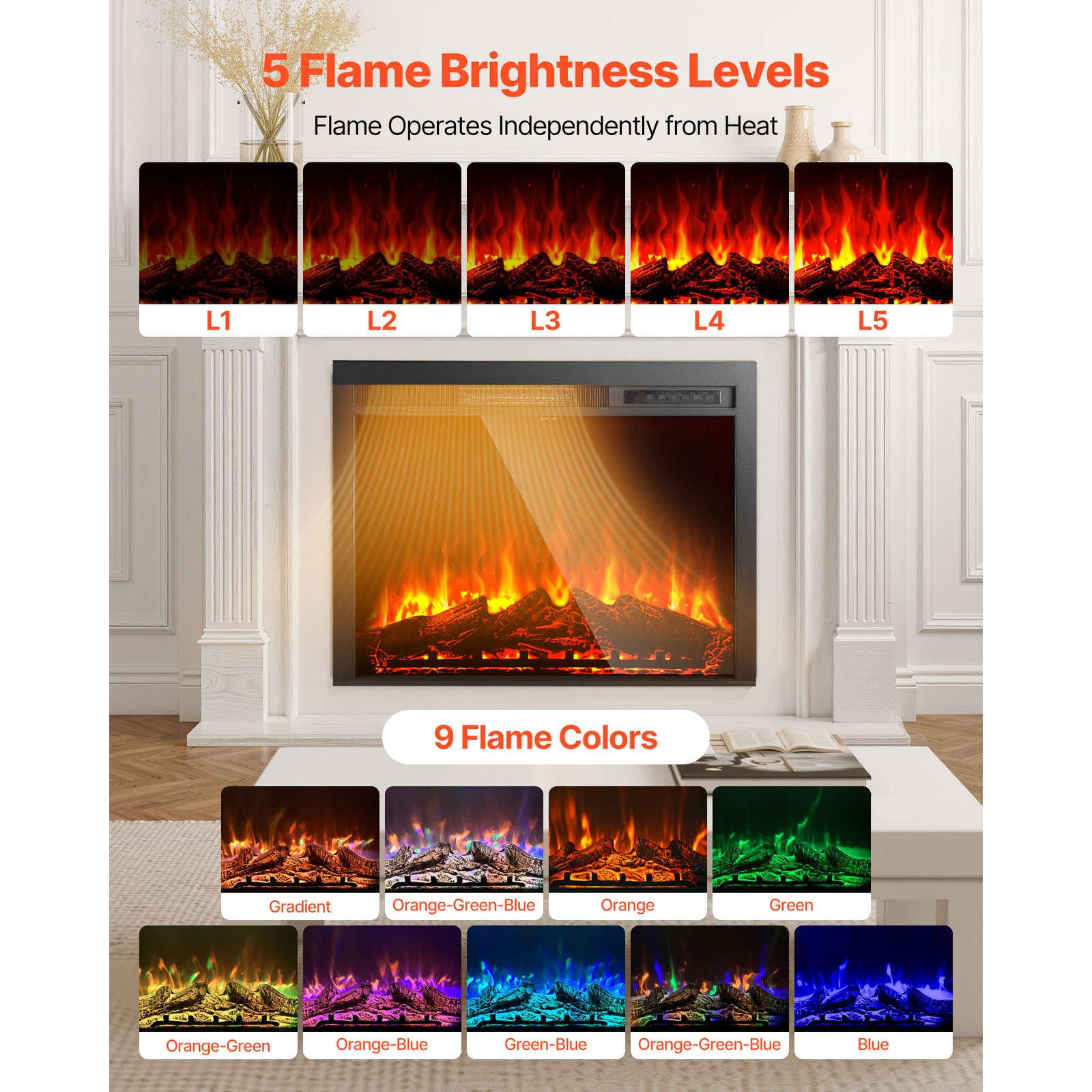 Uimoso 35in Electric Fireplace Insert Wall Mount & Remote Control, 750W/1500W