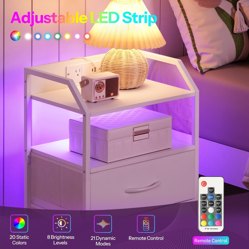 Nightstand with Charging Station, Bedside Table with Adjustable Fabric Drawer...