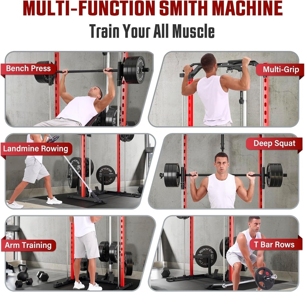 Smith Machine, Multi-Function Power Cage w/ Lat Pull Down System Workout Machine