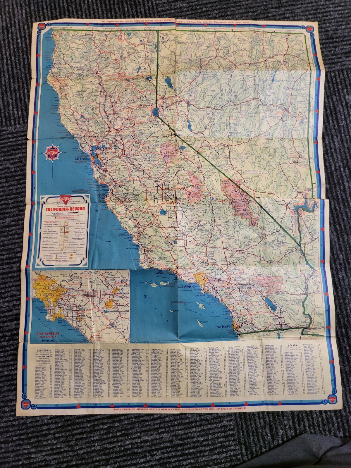 Vintage Conoco Travel Bureau CALIFORNIA NEVADA Oil Gas State Highway Road Map