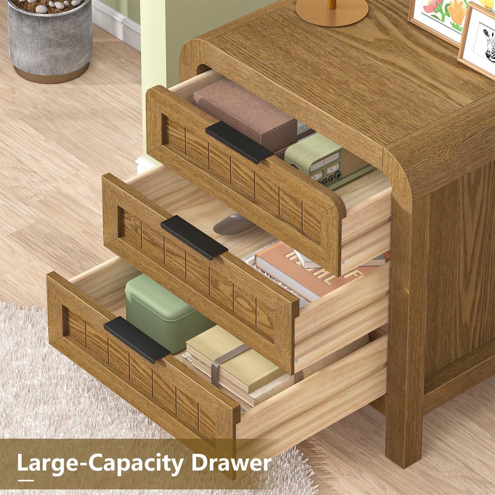 Curved NightStand Set of 2 with 3 Drawer 21" Solid Wood Nightstand