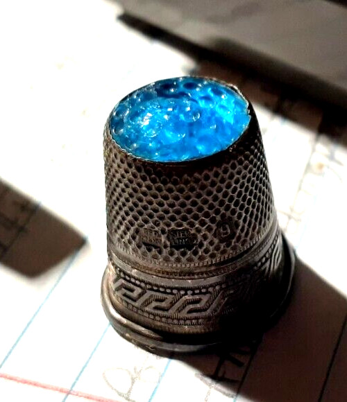 Vintage Solid Silver BLUE CROWN STONE TOP THIMBLE Germany Size 9 Chasing Scrolls