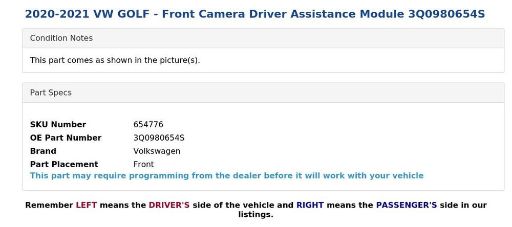 2020-2021 VW GOLF - Front Camera Driver Assistance Module 3Q0980654S