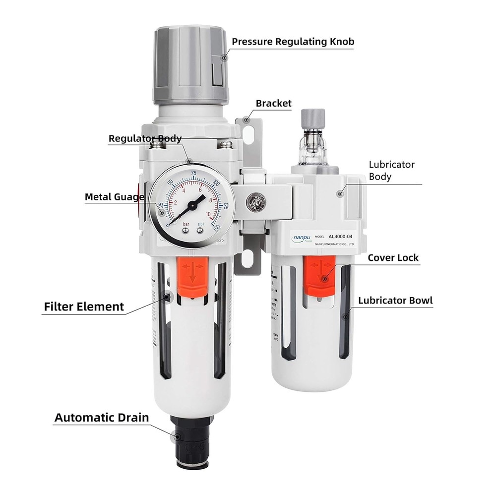 Efficient 1/2" NPT Air Filter Regulator Lubricator Combo with Gauge & Bracket