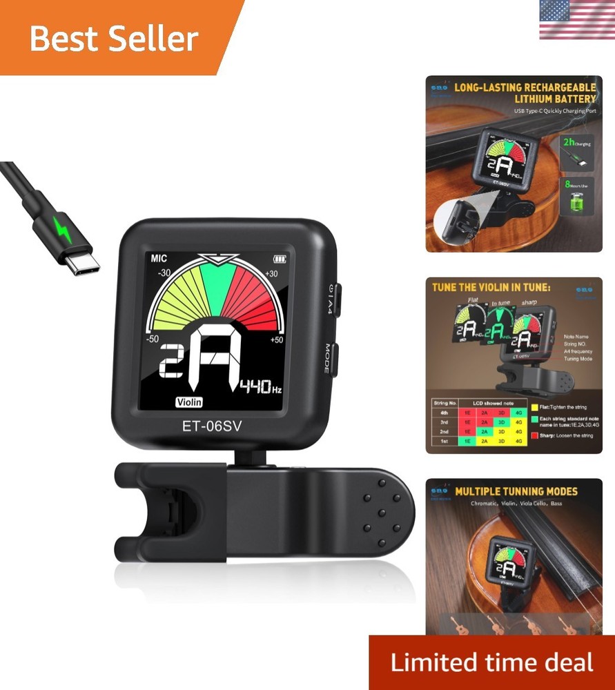 Big Display Rechargeable Clip-On Tuner for String Instruments - Easy to Use