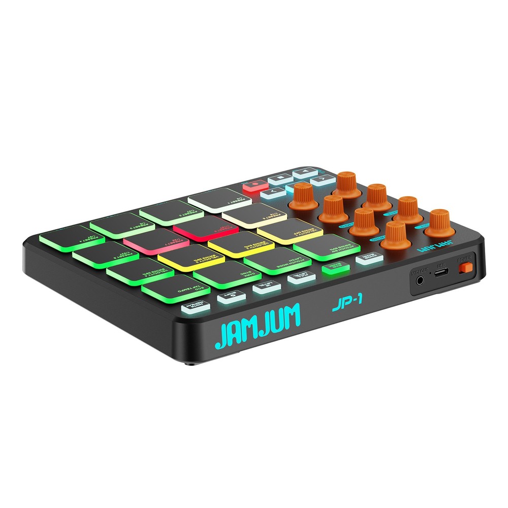 JAMJUM MIDI Portable Beat Maker MIDI Controller 16 RGB Pads 8 Knobs Long Battery