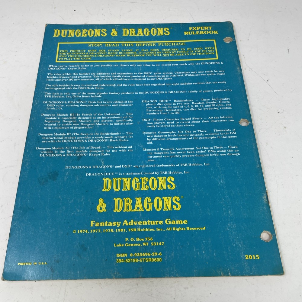 Expert Rulebook D&D basic TSR BECMI Dungeons Dragons First printing 1981