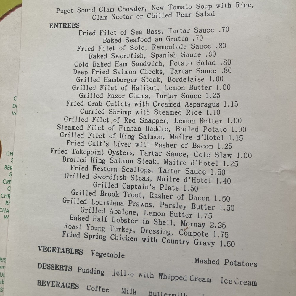 Crawford’s Sea Grill(Seattle)1952 menu W/xtras