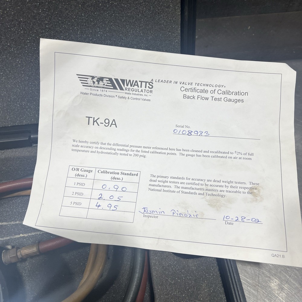 Watts TK-9A Backflow Preventer Test Kit Used Surplus