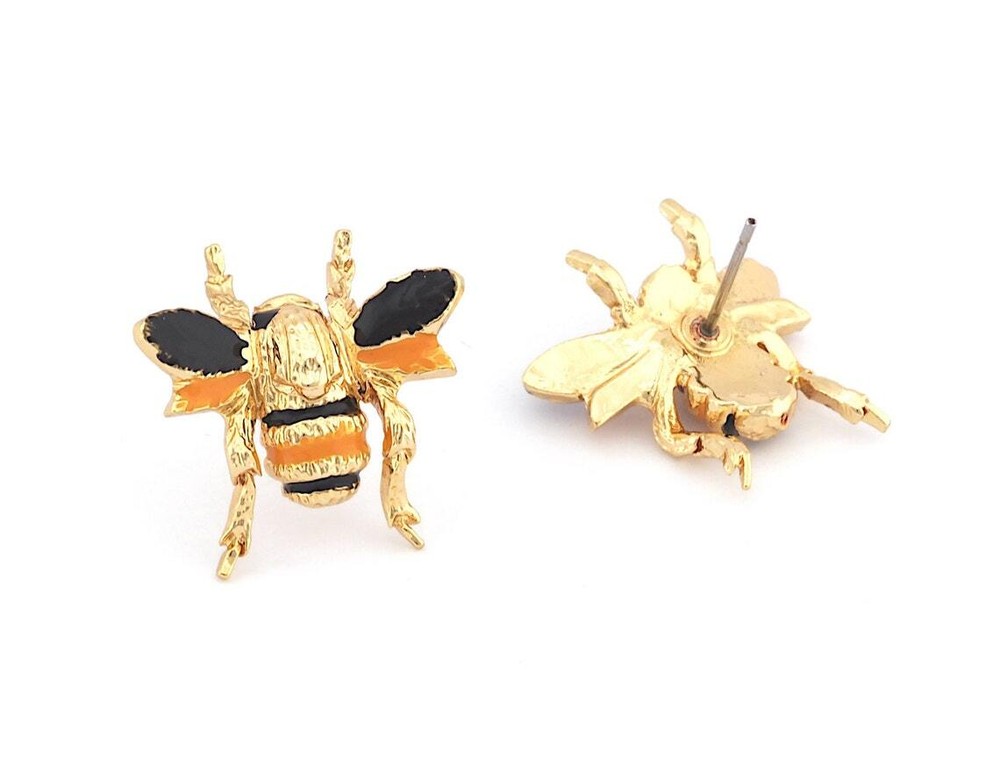 Honey bee wing fly stud posts earring wire base Enamel filled shiny gold 4037