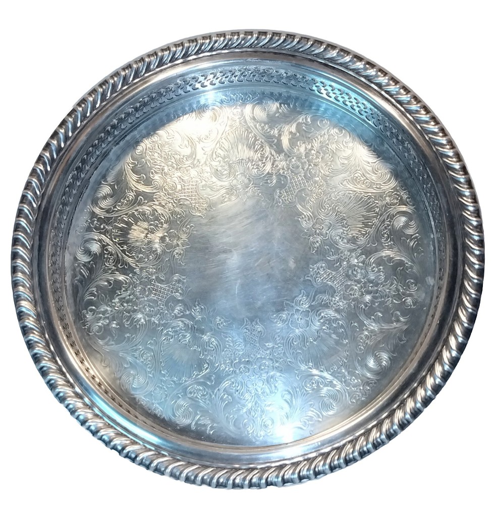 Wm Rogers #670 Silver Plate/Tray, 9 1/2" Round Embossed, Pierced Rim, Vtg. EUC
