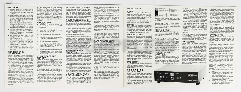 Datong Electronics Model FL2 Multimode Audio Filter Brochure & User Manual