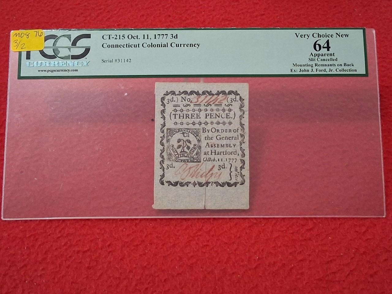 1777 3d Connecticut Colonial Currency CT-215 PCGS 64 VERY CH NEW SLIT CANX#M0876