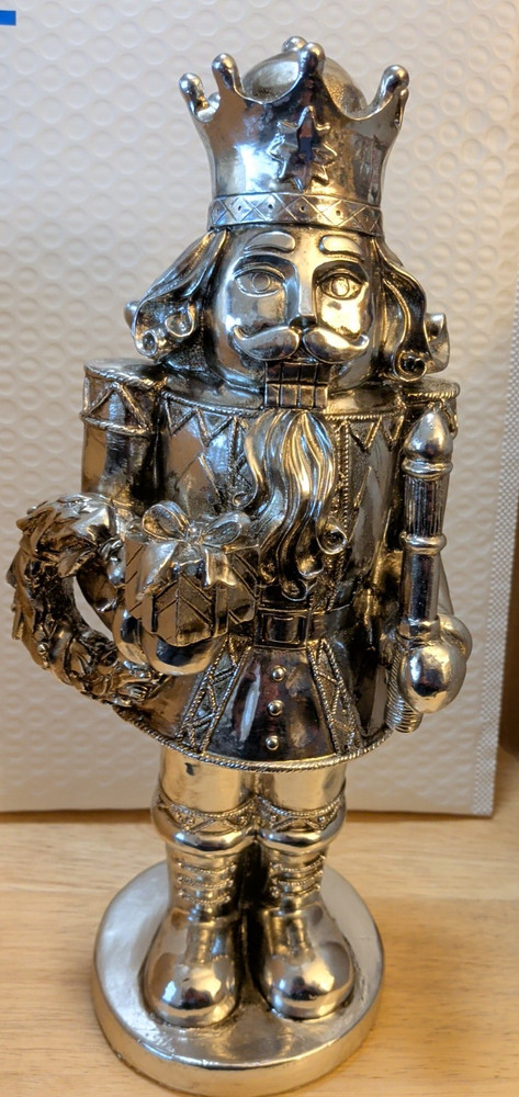 Nutcracker King Statue With Faux Silver Finish 12" Tall