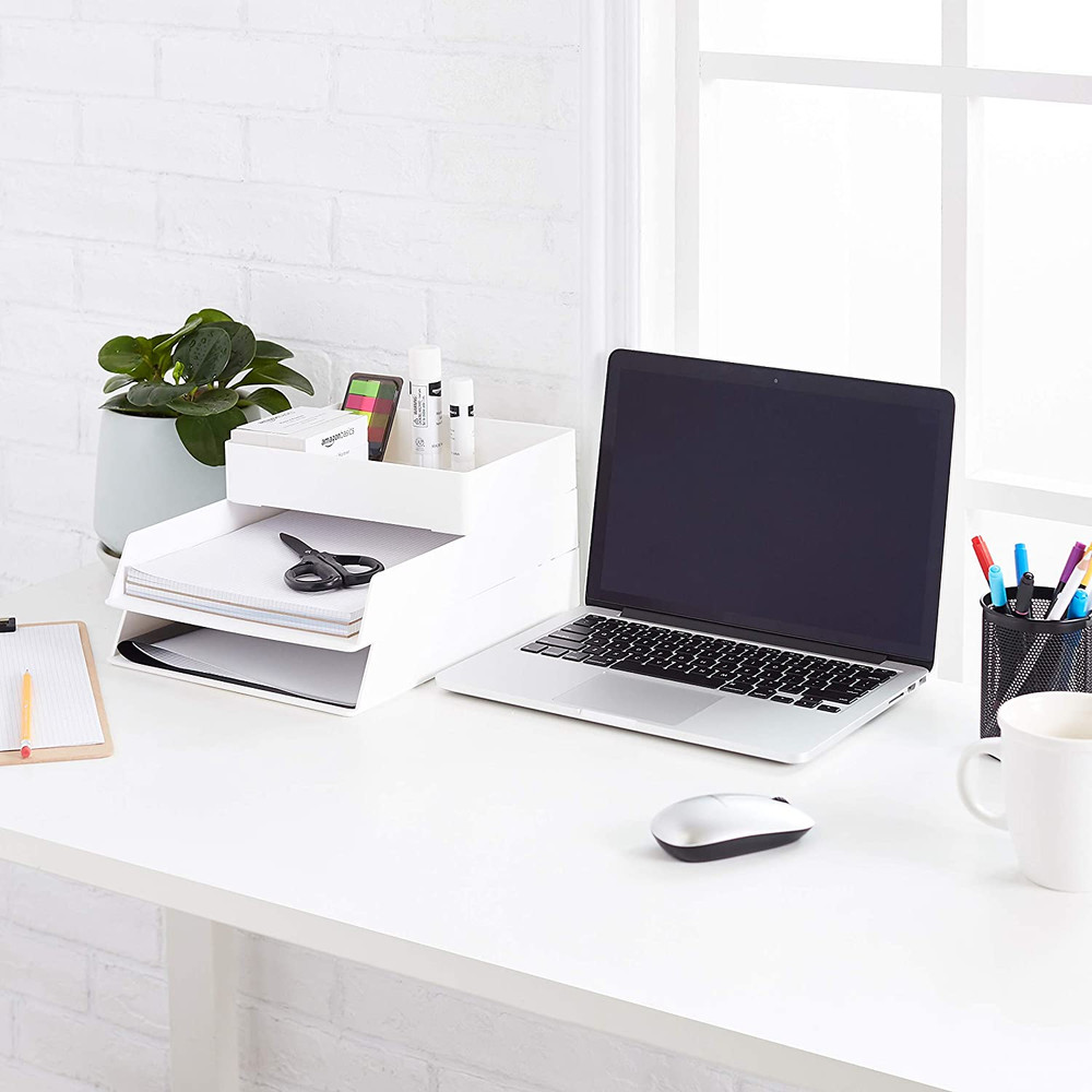 Rectangular Plastic Desk Organizer with Storage Trays, Accessory Tray, Drawer Or