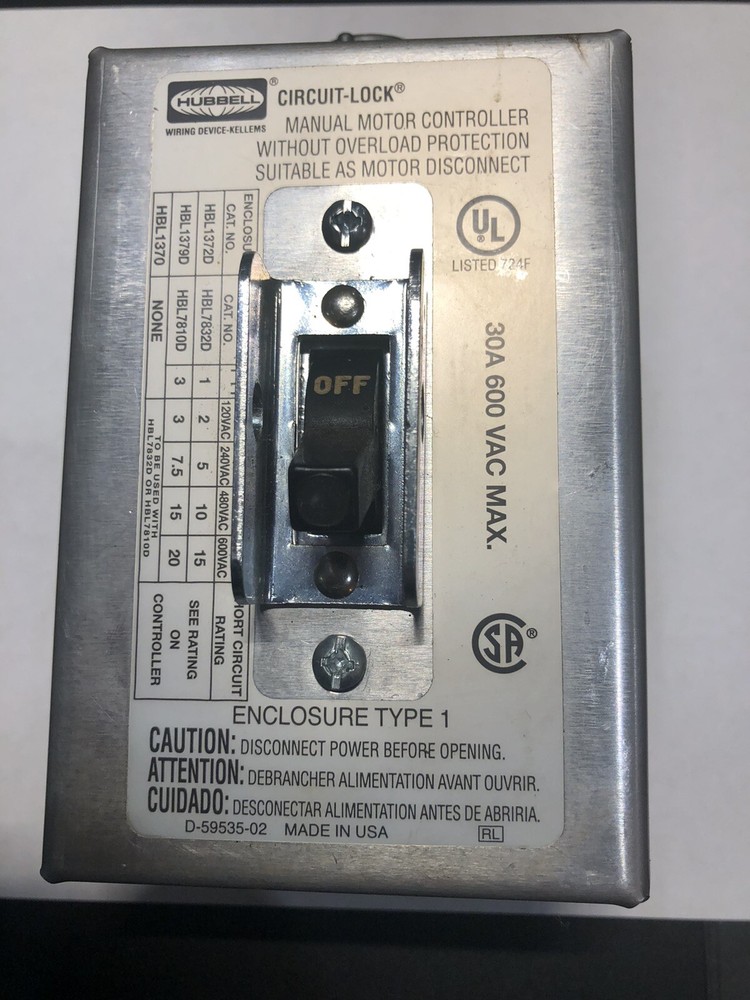 Hubbell Circuit-Lock Manual Motor Controller/Disconnect w/o Overload Protection