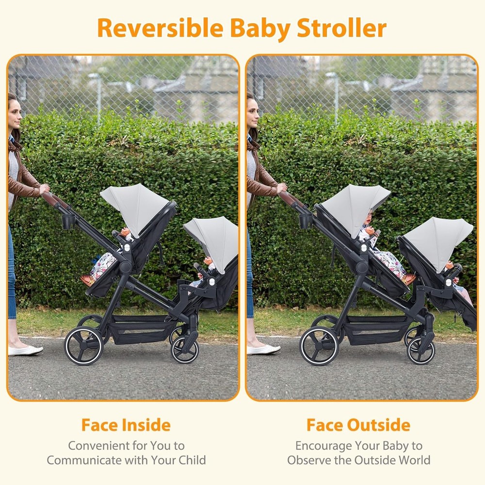 Double Stroller for Infant & Toddler, Reversible Tandem Stroller, One-Hand Fold