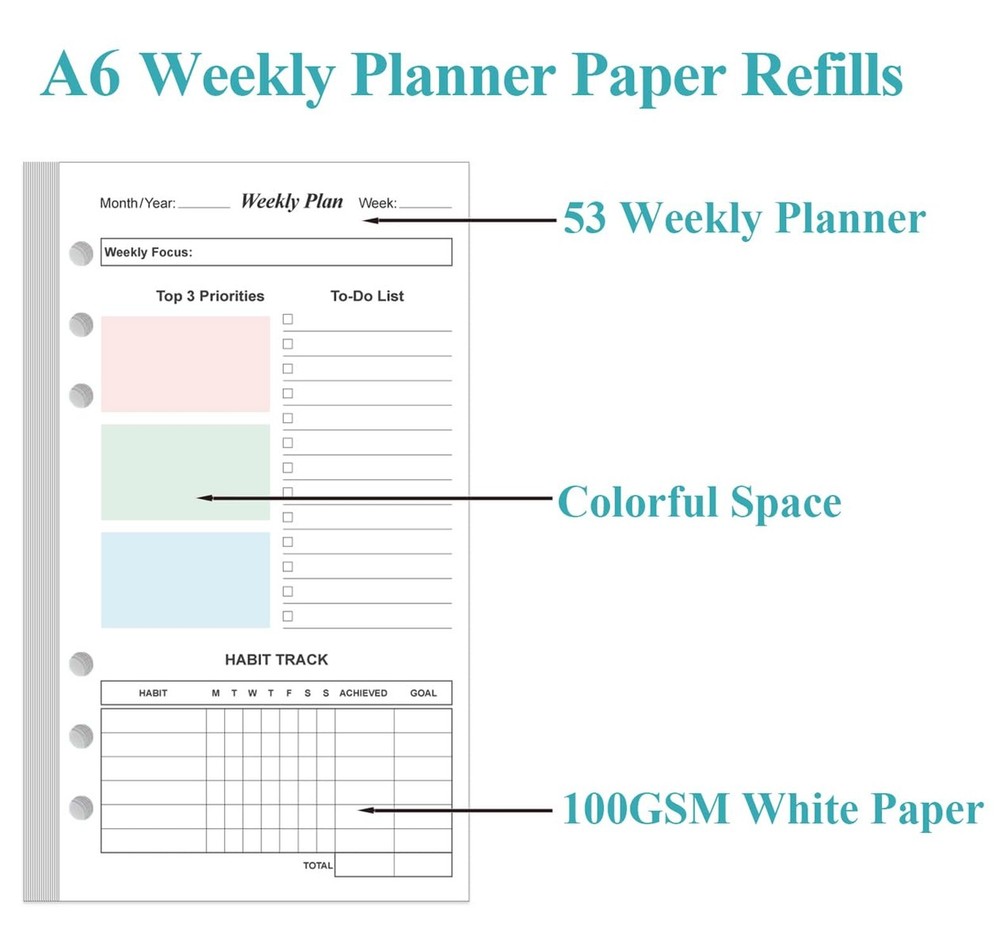 (2-Pack) A6 Weekly Planner Refills for Filofax Personal Binders, 106 Sheets/2...