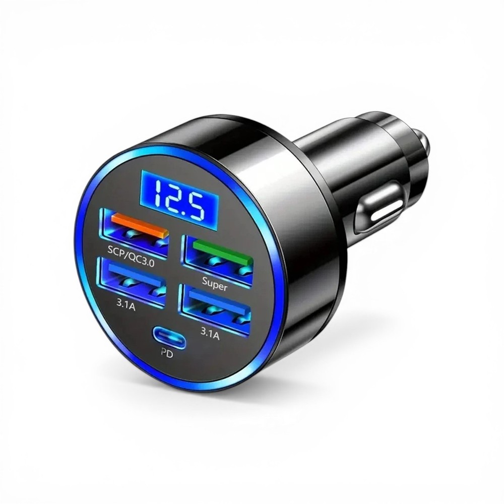 Super Fast Car Charger Adapter USB 5-Port Voltmeter for iPhone Samsung Android