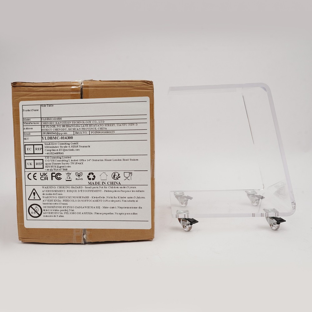 Acrylic Side Table Mobile C-Shaped End Table Clear Snack Rolling Cart 20kg max.