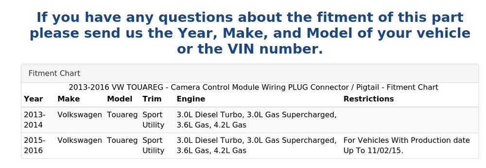 2013-2016 VW TOUAREG - Camera Control Module Wiring PLUG Connector / Pigtail