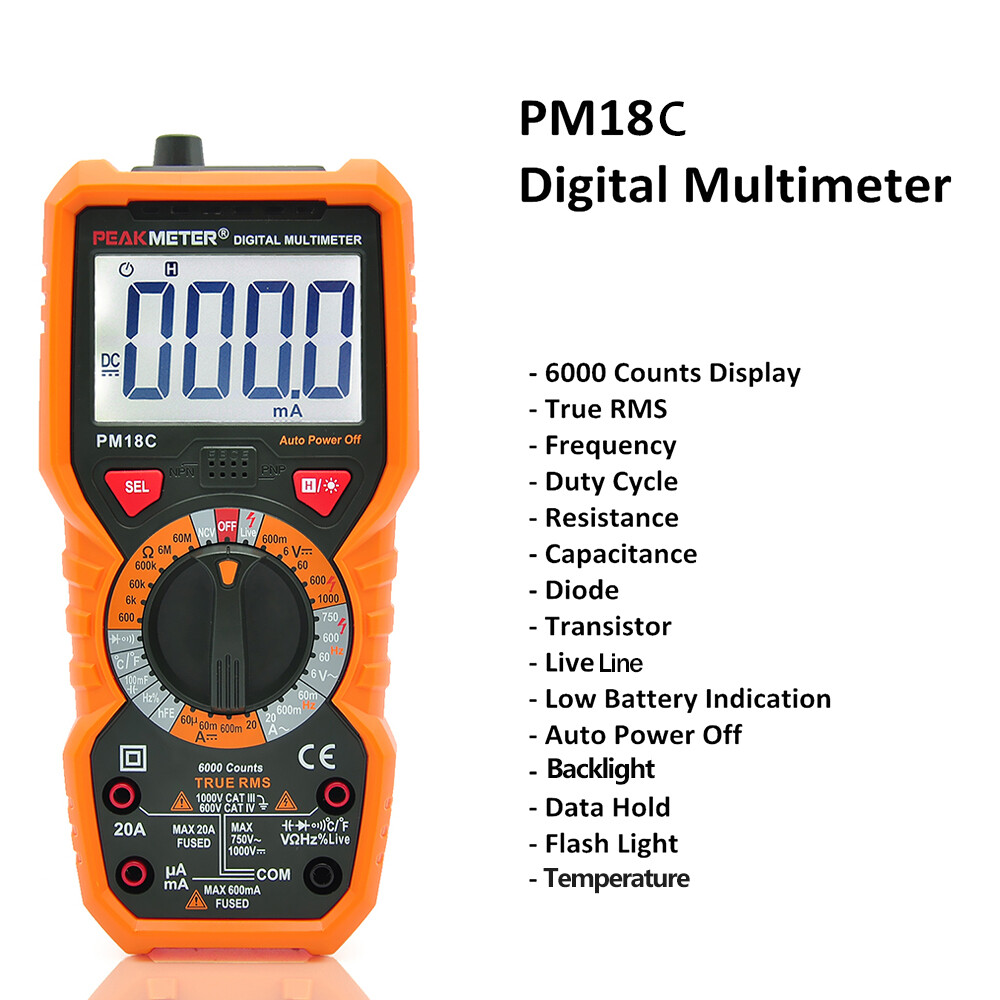 PEAKMETER PM18C True RMS Digital Multimeter AC DC Ohmmeter Cap Freq Temp Tester
