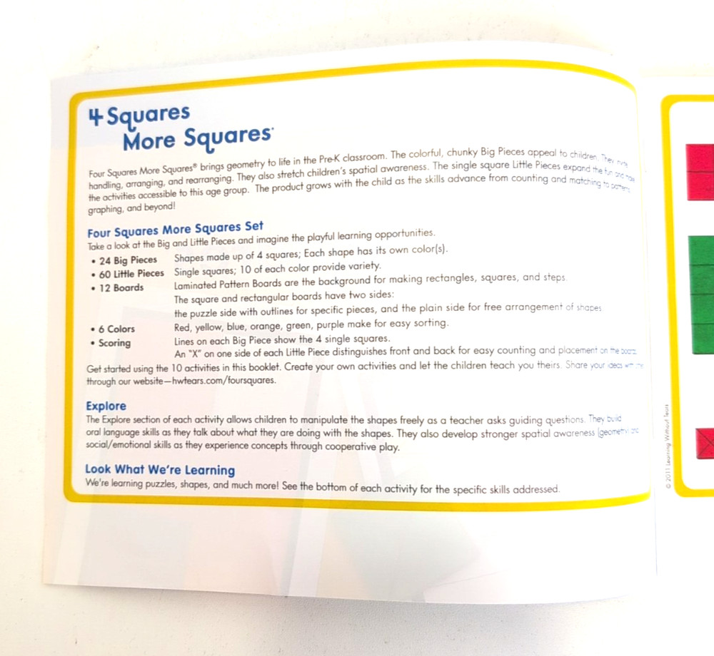Get Set for School Learning Without Tears: 4 Squares More Squares Hands-on Math