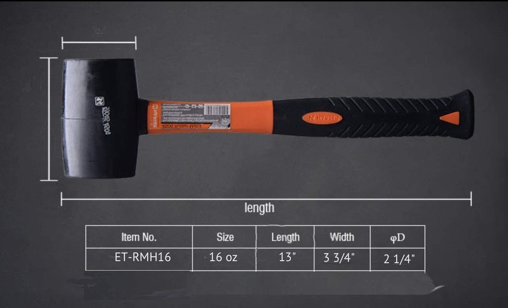 Edward Tools Rubber Mallet Hammer 16 oz - Durable Eco-friendly Black