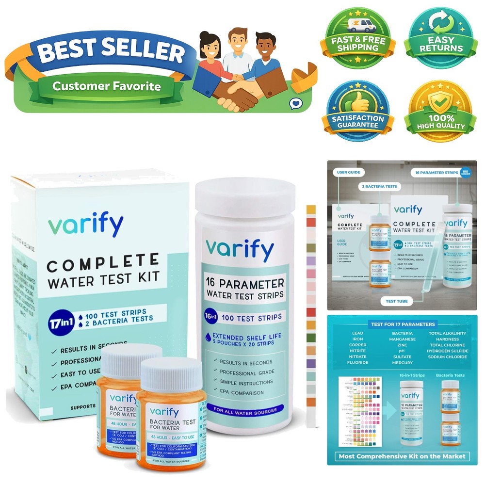 17in1 Complete Drinking Water  Kit - 100 Strips + 2 Bacteria Tester Kits - We...