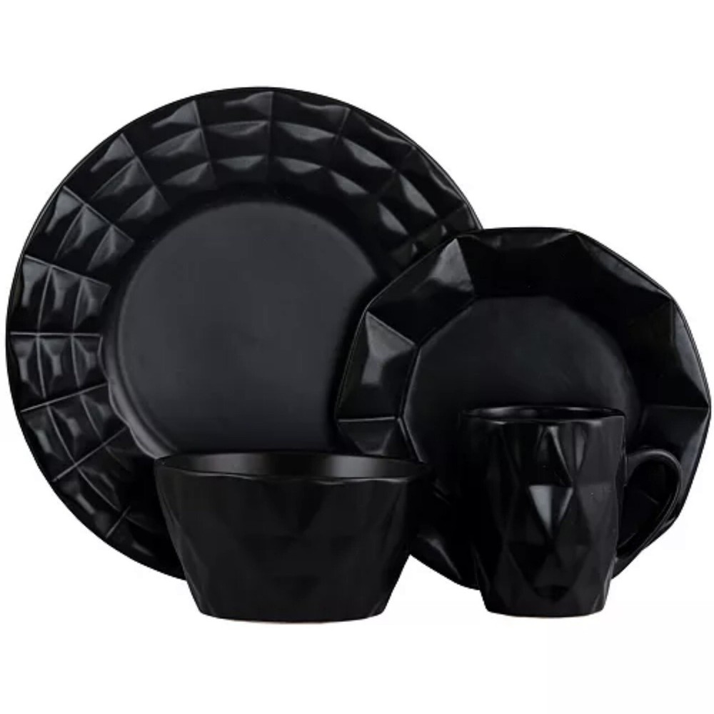 Elama Retro Chic 16 pc Glazed Stoneware Dinnerware Set in Black