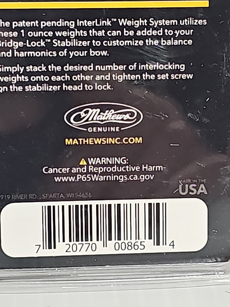 Mathews 1oz Bridge-Lock Weight InterLock 82022 Stabilizer Archery NEW