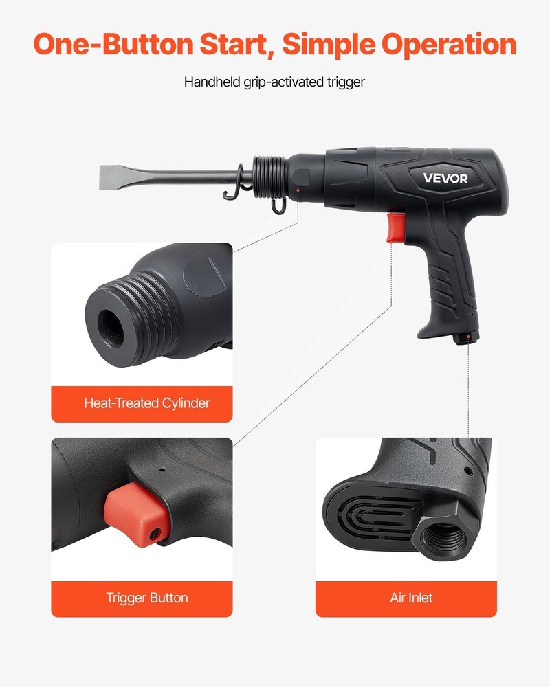 Air Hammer 2500BPM Pneumatic Chisel Tool 4 Long Barrel Chisels Scraping Cutting
