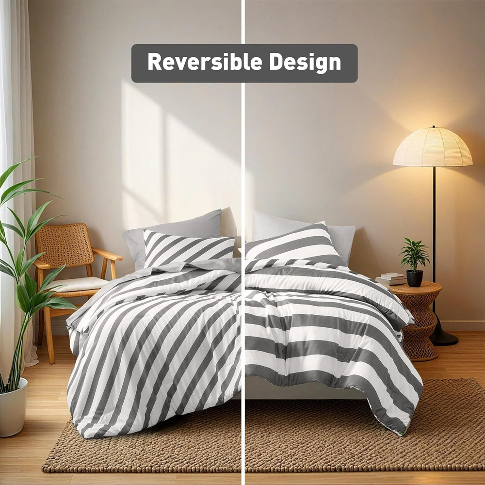 Reversible Striped Queen Comforter Set, Soft Microfiber Bedding Set with Double-
