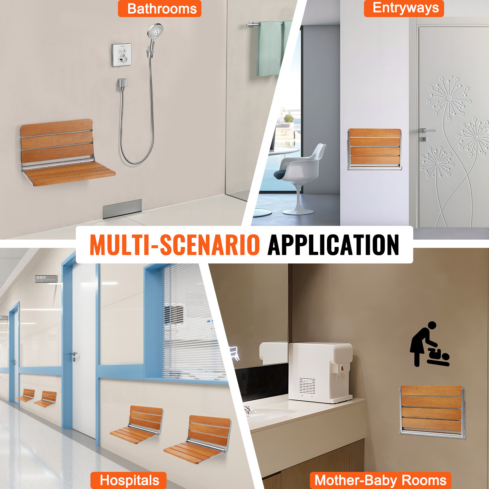 Folding Teak Shower Seat 20.9'' x 16'' Wall Mounted Shower Bench 500 lbs