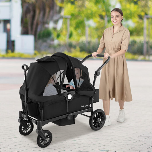2 Seater Push Pull Collapsible Kids Wagon Stroller with Adjustable Handlebars-Bl