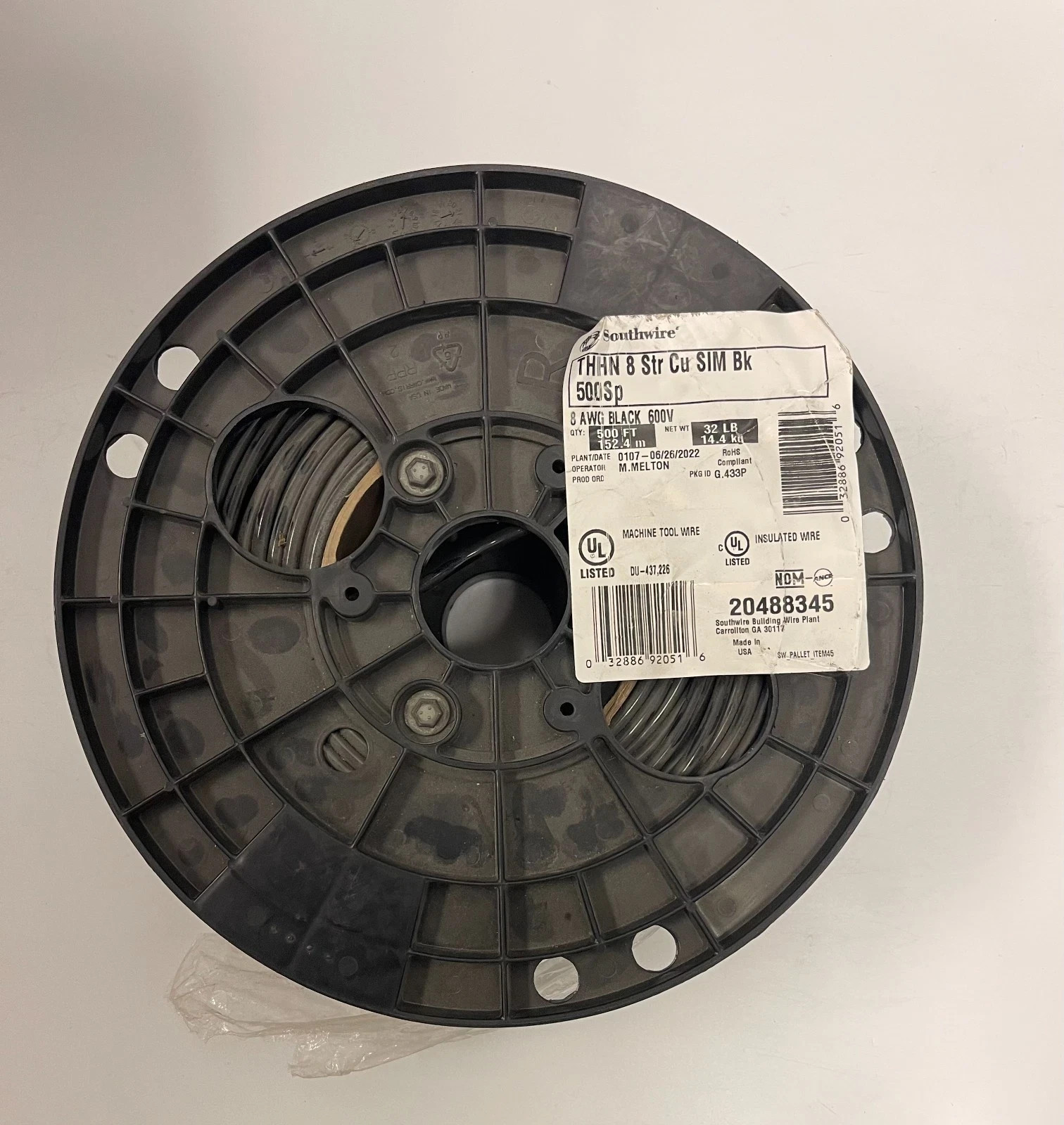 500 ft 8 AWG THHN Stranded Copper Wire Southwire 8-AWG Black