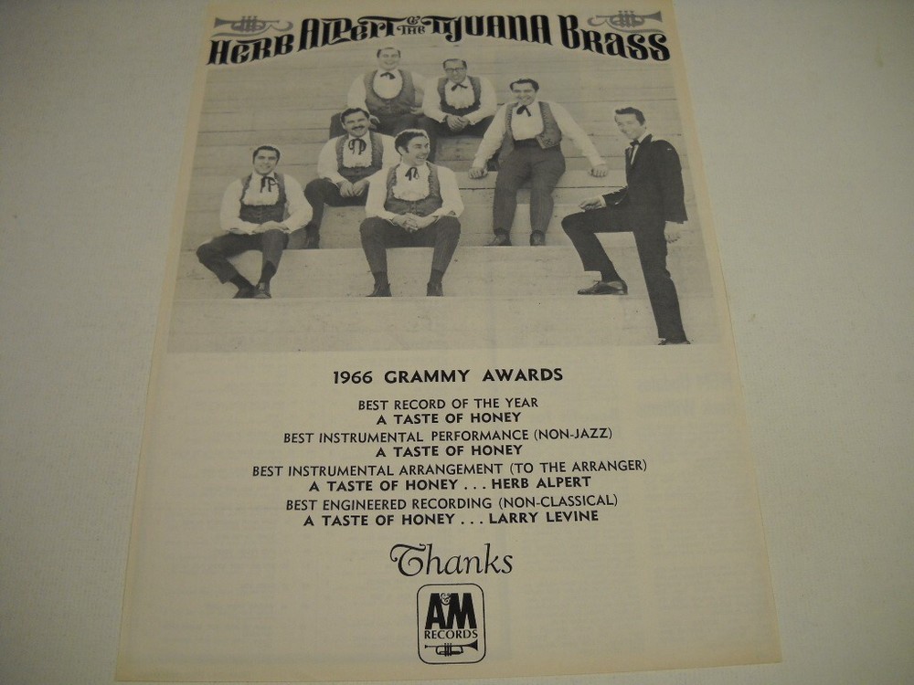 HERB ALPERT Tijuana Brass - multiple GRAMMY Awards original 1966 Promo Poster Ad