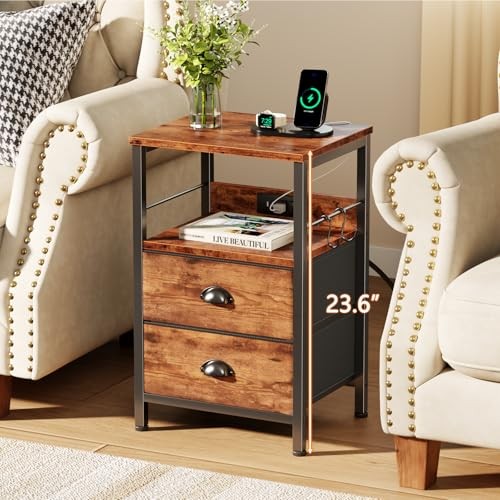 End Table with Charging Station, Nightstand with Fabric 1 pc Rustic Brown