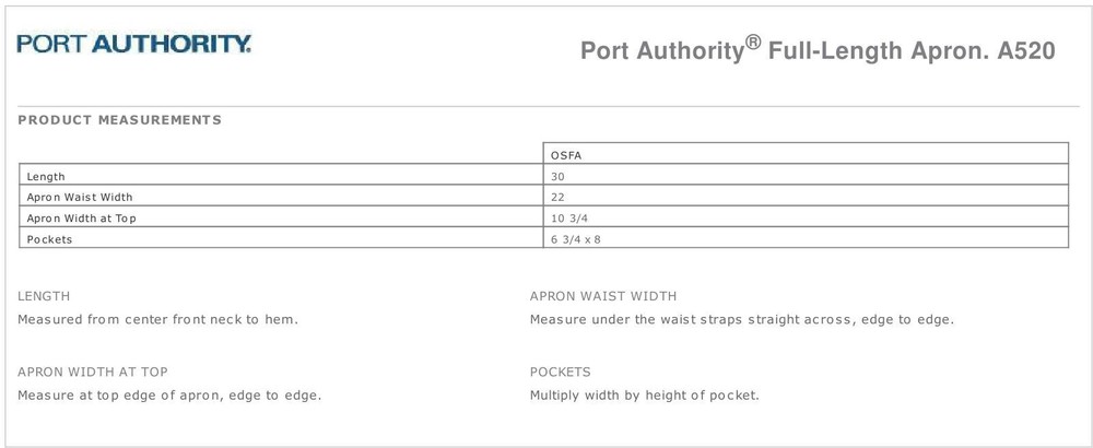 Port Authority Full Length Apron 2 Patch Pockets Pen Pocket A520