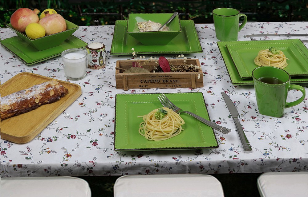 16 Pcs Square Beaded Stoneware Dinnerware set - Green, 16 Piece, Square Beaded