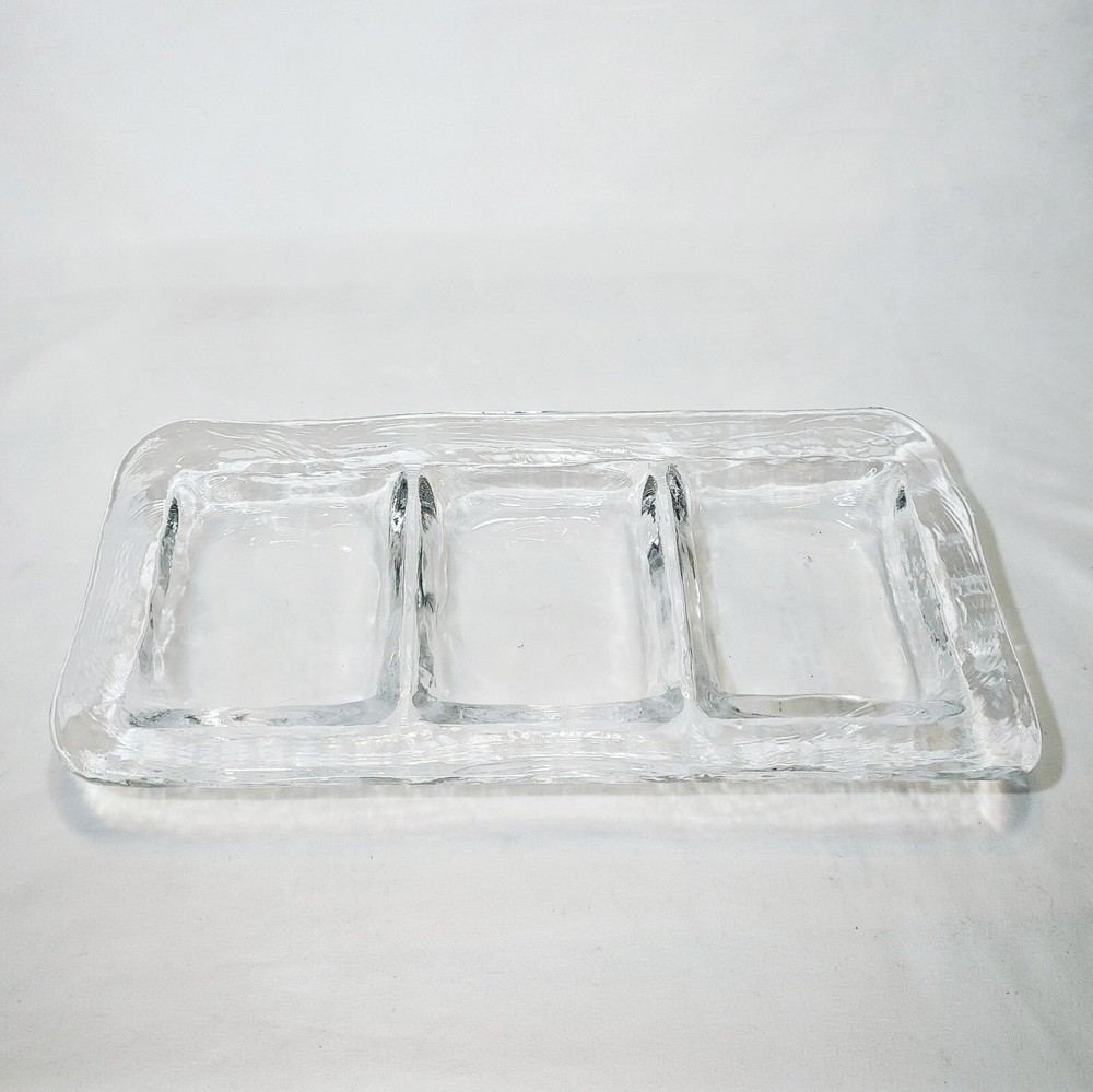 Recycled Glass Divided Tray 3 Compartments Rectangle Clear Pebbled Texture