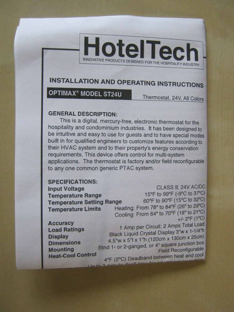 HotelTech Optimax ST24U thermostat installation operating instructions ONLY